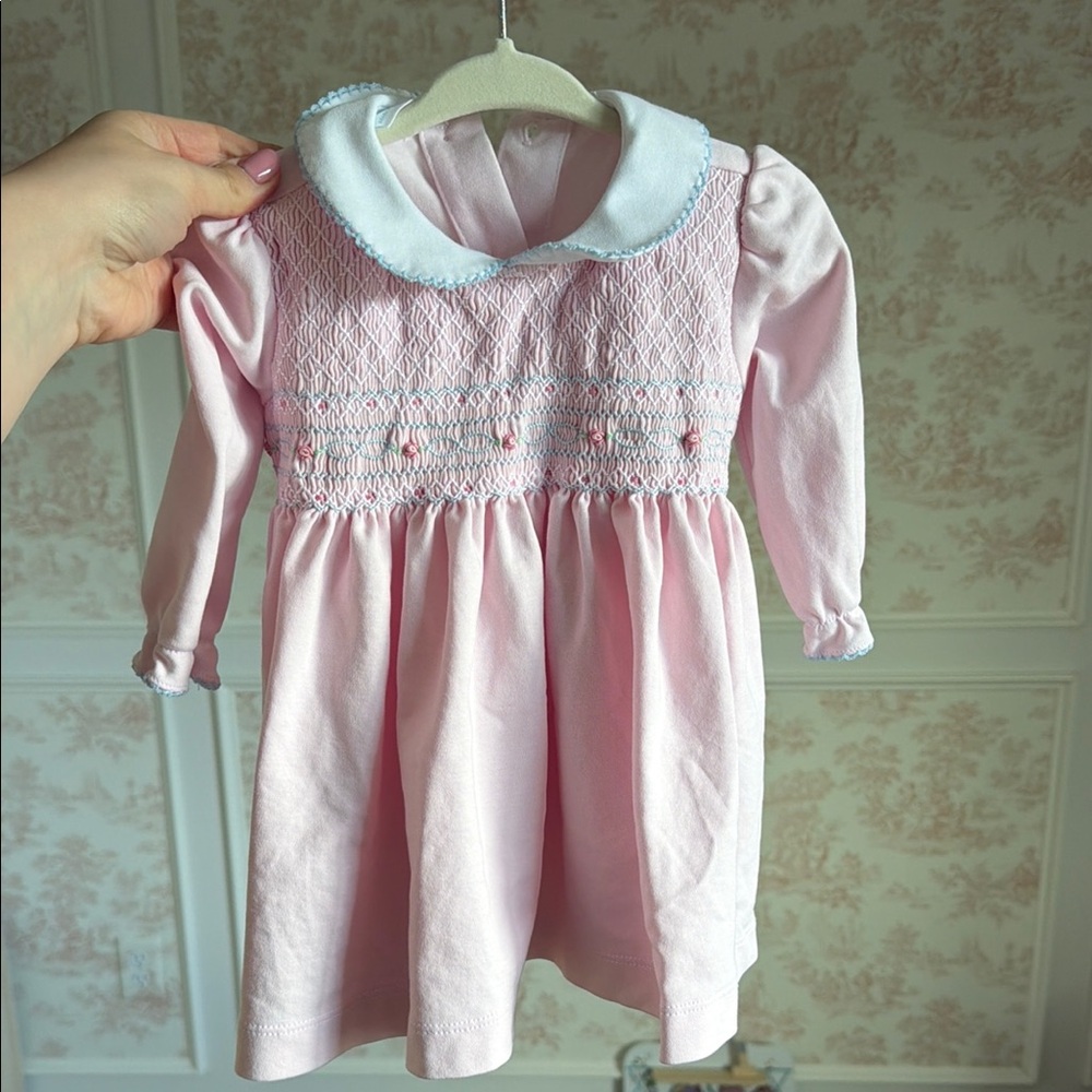 Edge hill collection Pink Smocked Long-Sleeve Baby Dress with Peter Pan Collar